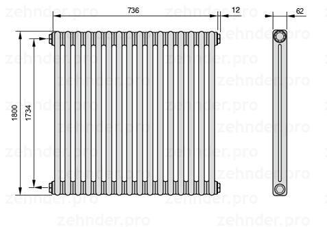 Схема (чертеж) Радиатор Zehnder Charleston 2180/16 №1270 Technoline TL
